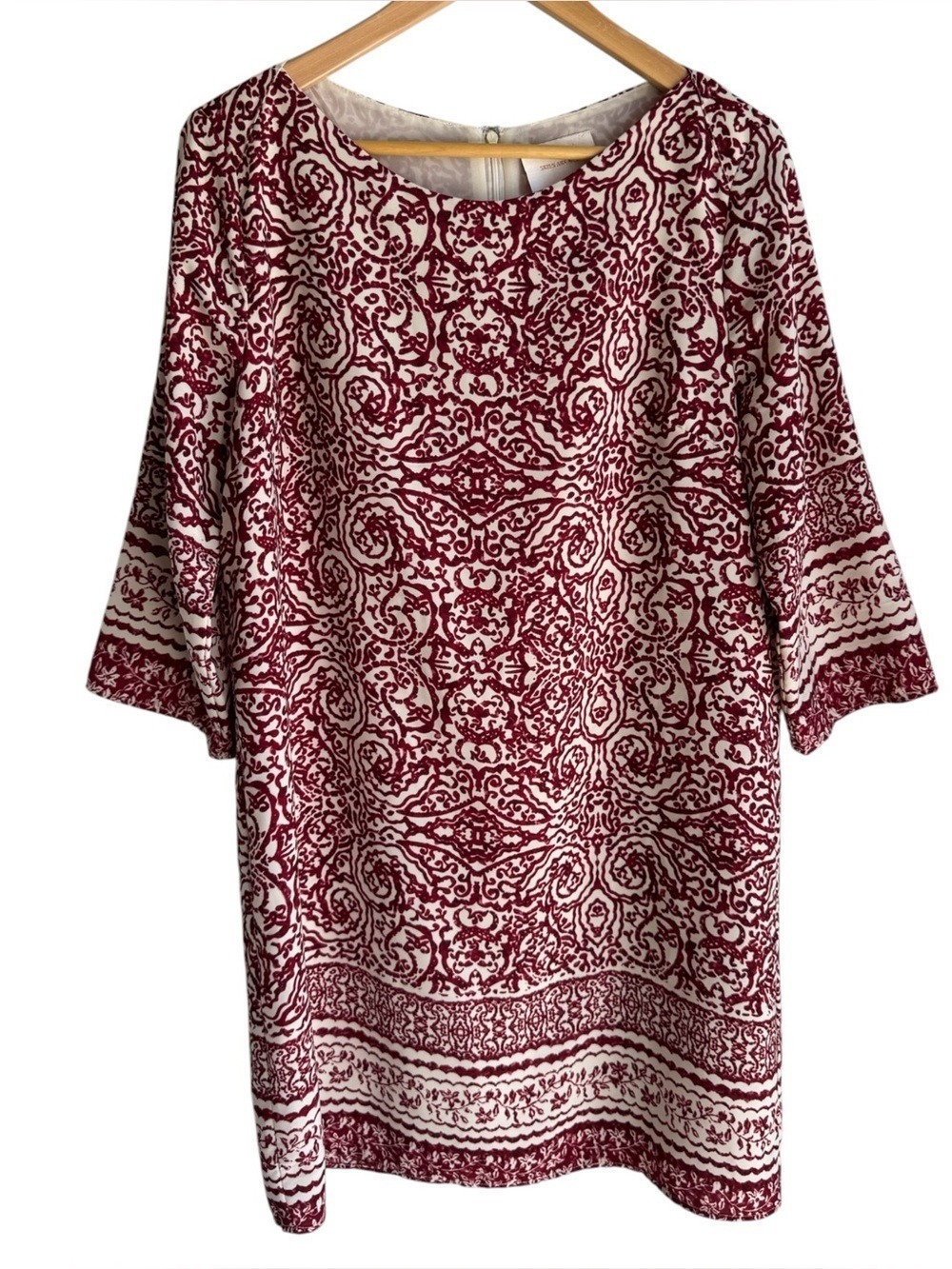 Skies Are Blue Burgundy 3/4 Sleeve Shift Dress Sz L Boho Paisley Relaxed Fit EUC